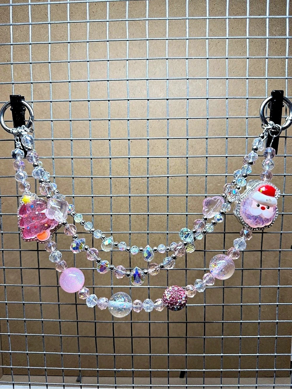 Beaded Santa Charm Purse Chain in Pink & Silver New